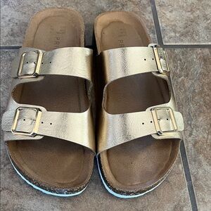 Gold metallic two-strap footbed slide sandals. Size 7 pre owned.